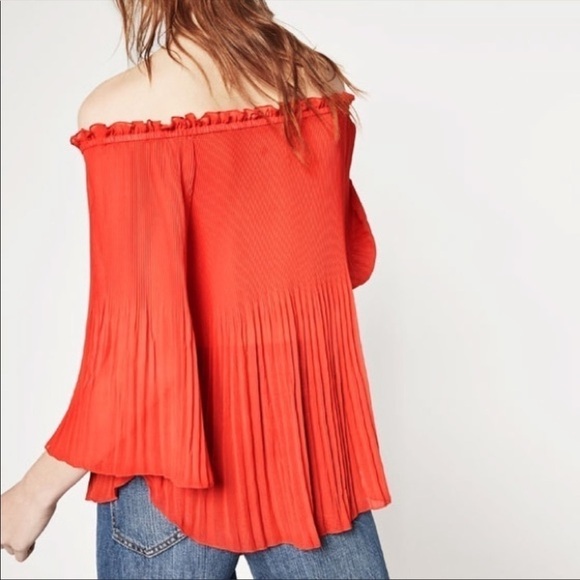 Zara Pleated Red Off-Shoulder Sheer Top Stretch - Picture 3 of 6